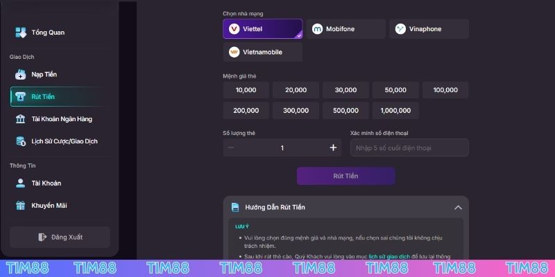 Rút tiền TIM88 qua thẻ cào bảo mật cao